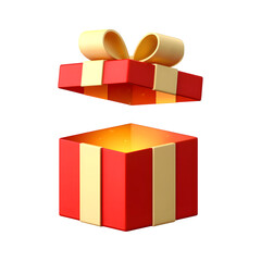 Open red gift box with golden ribbon and glowing light inside isolated on transparent background