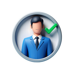 Stylized 3d businessman in a blue suit with a green checkmark isolated on transparent background