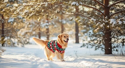 A golden retriever in a sweater enjoying a winter wonderland. 