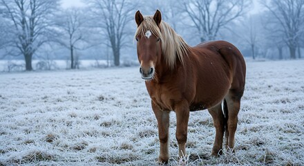 Brown horse standing in frosty field. 
