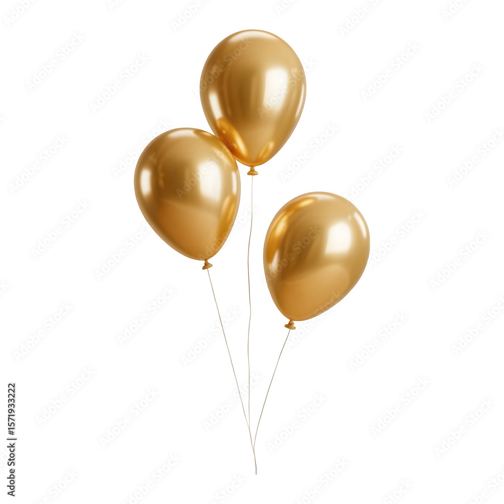 Poster three shiny golden balloons tied together with strings isolated on transparent background