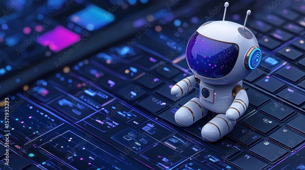 Poster tiny robot sits on futuristic keyboard