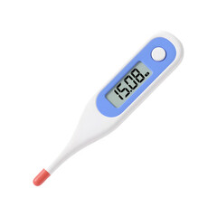 Digital medical thermometer with a blue rim and display showing 15 08 isolated on transparent background