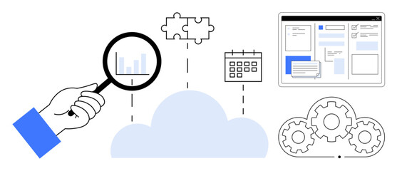 Hand magnifying bar graph above cloud with gears, calendar, puzzle and web interface integration. Ideal for workflow, productivity, collaboration, cloud computing, analysis, automation