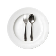 A clean white plate with a fork and spoon arranged side by side isolated on transparent background