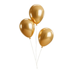 Three shiny golden balloons tied together with strings isolated on transparent background