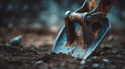 Metal excavator scoop embedded in soil, shot from low angle showing depth and texture