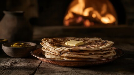 A stack of roti with butter sits on a plate in front of a warm fire