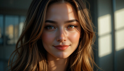Smiling Woman Portrait with Brown Hair and Green Eyes in Sunlight