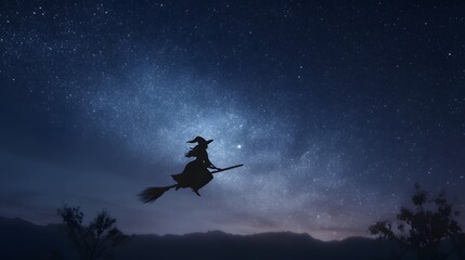 Silhouette of a Witch Flying on a Broomstick under a Starry Night Sky