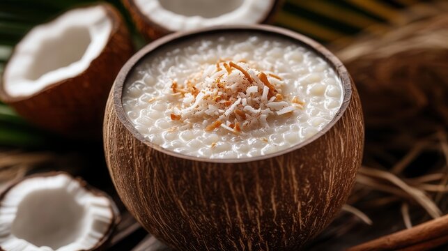 Tapioca pudding with coconut flakes is served in a coconut shell bowl