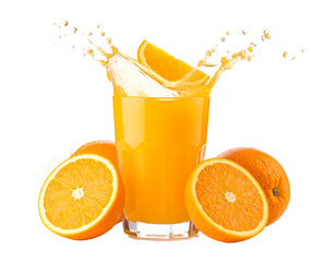 Orange juice splash in glass  isolated on transparent background
