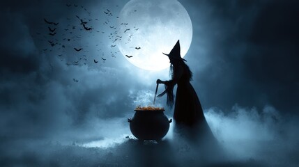 Enchanted Witch Brewing Potion Under Full Moon