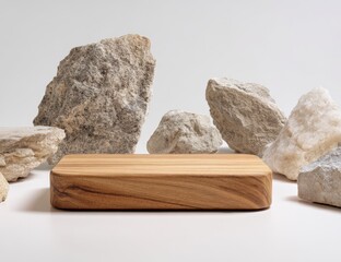 Wooden Platform Display with Natural Stone Background  A Minimalist Product Showcase for Earth-Toned Products