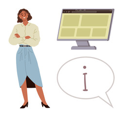 Woman standing confidently beside a desktop computer screen, paired with a speech bubble featuring a lowercase i. Ideal for knowledge transfer, guidance, communication, education, technology