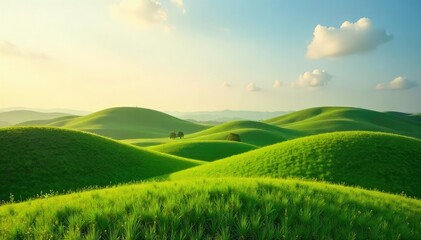 Serene landscape featuring a gently undulating hummock, bathed in soft sunlight, suggesting tranquility and peaceful relaxation Ideal for nature, travel, and wellness themes , knoll, flora, peaceful
