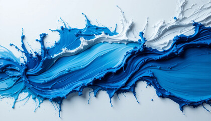 Fluid Wave of Blue and White Paint Splashes on White Surface