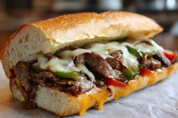 Delicious cheesesteak with melted cheese and peppers on fresh baguette