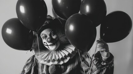 Sinister Smile A Creepy Clown with Black Balloons