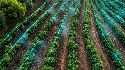 Smart irrigation system with automated sprinkler network watering rows of crops