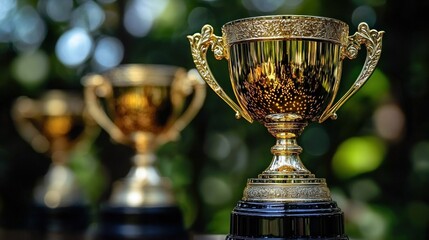 Golden trophies on a blurred green background