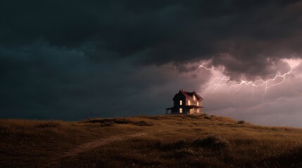 Haunted House on Hilltop Illuminated by Lightning Storm