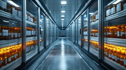 Refrigerated Corridor with Amber Bottles in Glass Door Refrigerators