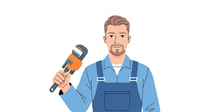 Man in blue overalls holding an orange pipe wrench in his left hand on a white background image