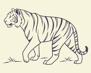 Obraz premium Stylized line art illustration of a walking tiger with dark stripes on a cream background