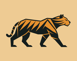 Fototapeta premium Stylized geometric tiger walking profile on a light brown background