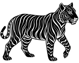 Obraz premium Stylized black and white tiger walking with abstract stripes