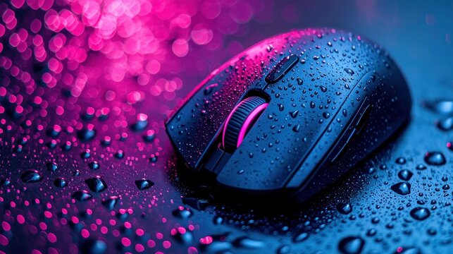 Close-up of a black wireless computer mouse covered in water droplets, illuminated by vibrant pink and blue light