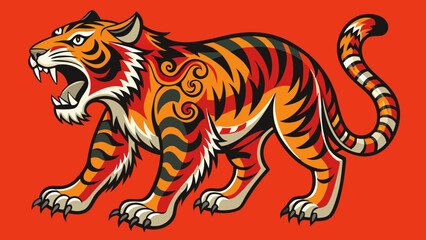 Stylized fierce tiger roaring with ornate swirling patterns on orange background
