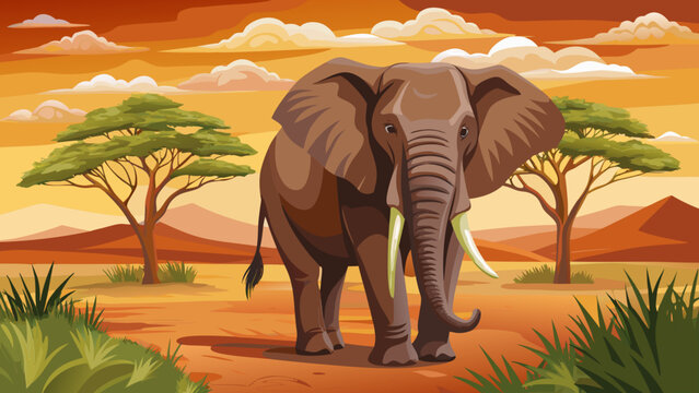 Majestic elephant stands in a vibrant african savanna at sunset with acacia trees