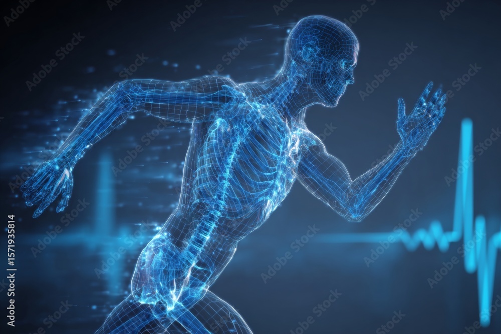 Poster digital human prototype running with futuristic blue wireframe design