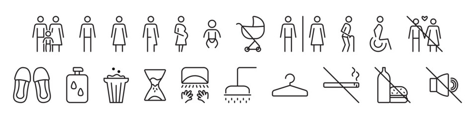 Public restroom black line icon set, lgbt friendly editable stroke WC symbols, vector sign collection for lavatory, changing room and bathroom. Pictograms for women, men and gender-neutral people
