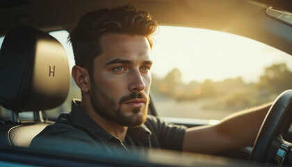 Man Driving Car at Sunset Calm Expression Road Trip Adventure