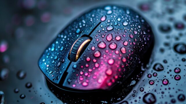 Close-up of a dark computer mouse covered in water droplets, glowing with vibrant pink and purple hues
