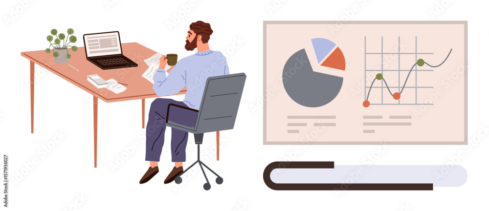 Poster professional analyzing charts, graphs, and reports on laptop with charts displayed. ideal for busine
