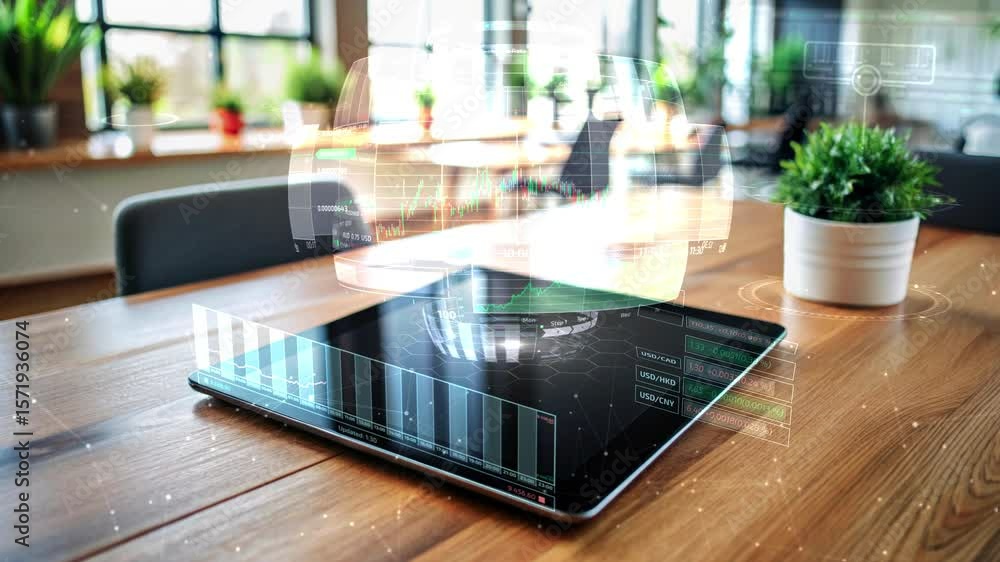 Poster futuristic hologram is showing data analysis on a tablet