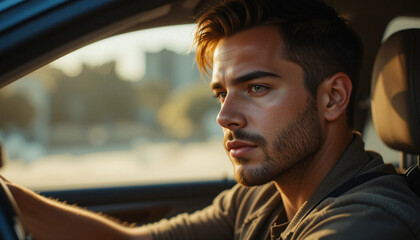 Man Driving Car Focused on Road in City During Daytime