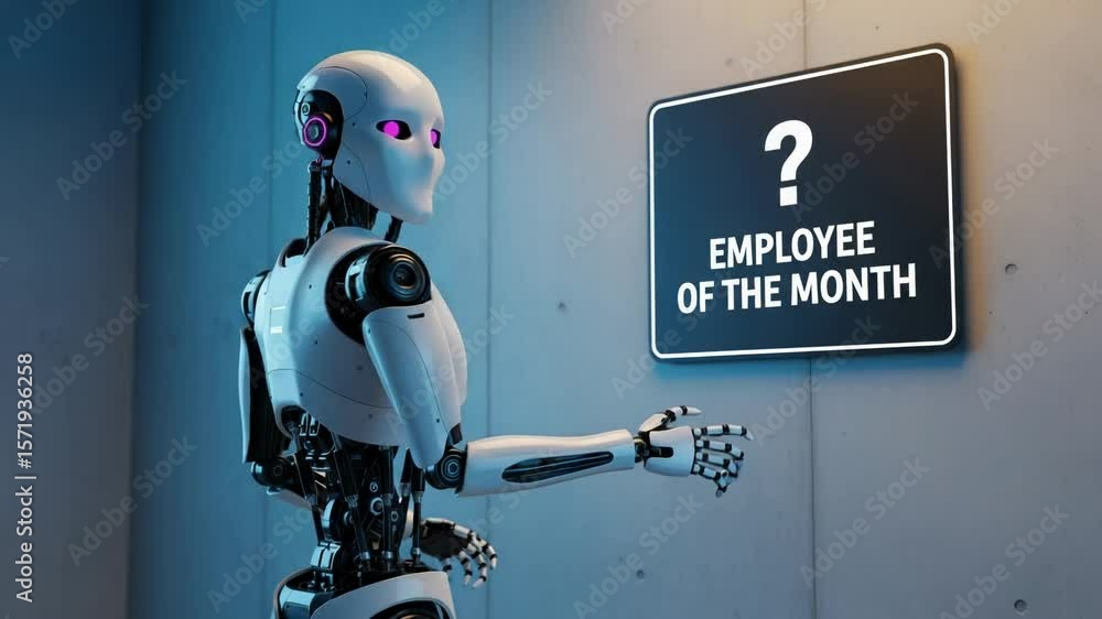 Poster a robot stands next to an employee of the month sign, symbolizing the increasing role of ai in the w