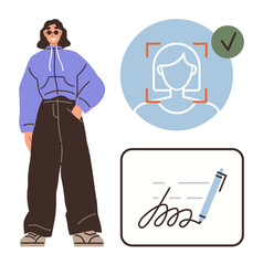 Woman standing confidently, facial recognition with approval checkmark, digital signature concept in focus. Ideal for identity verification, authentication, online security, remote work, personal