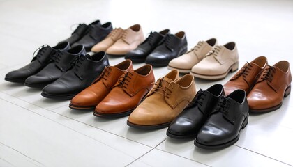 Row of leather dress shoes in various colors on a white floor