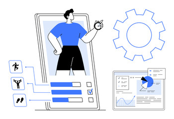Smartphone screen with fitness tracker features, user profile, workout icons, analytics dashboard. Ideal for health app design, fitness tracking, technology, user interface, data visualization