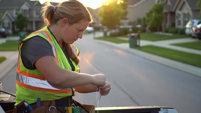 Skilled Female Technician Splicing Cables at Sunset on Suburban Street