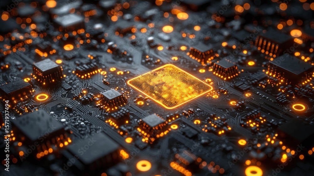 Poster high-tech circuit board with glowing central processor