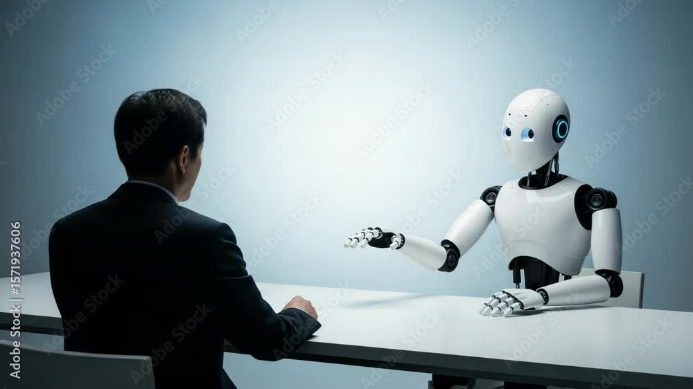 Poster a man in a suit sits across from a robot at a table, possibly during a business meeting or job inter