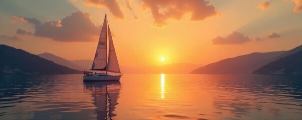 A lone sailboat peacefully anchored in a calm bay, bathed in the golden light of sunset The tranquil scene showcases the serenity of the water and the stillness of the evening , twilight, blue