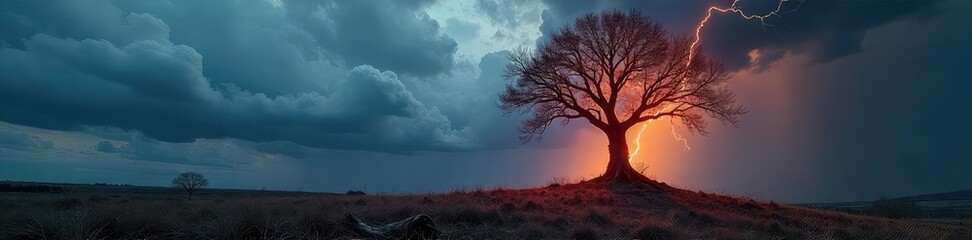 A scorched tree stands stark against a stormy sky, testament to the destructive power of a recent lightning strike The charred wood and broken branches highlight nature's raw force , weather, burnt